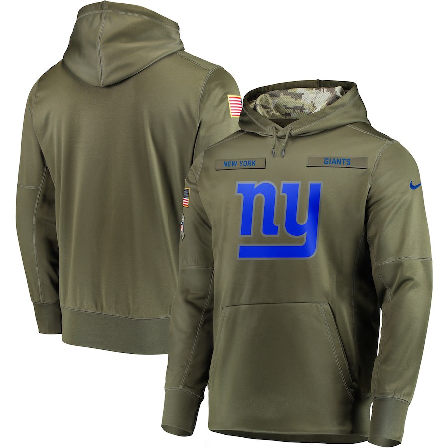 Men's New York Giants 2018 Olive Salute to Service Sideline Therma Performance Pullover Stitched Hoodie